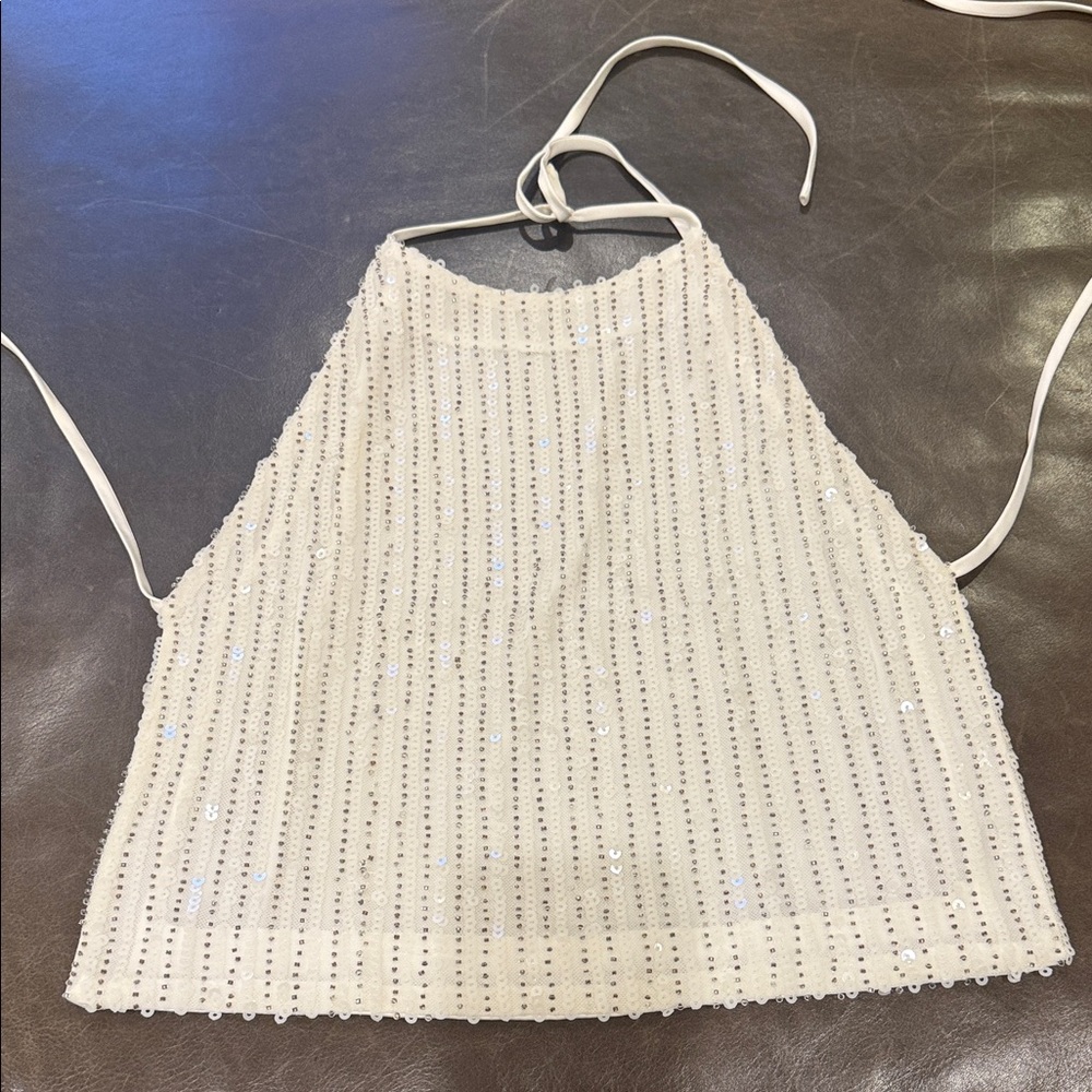 h:ours Revolve White Cream Sequin Halter Crop Top Open Back
